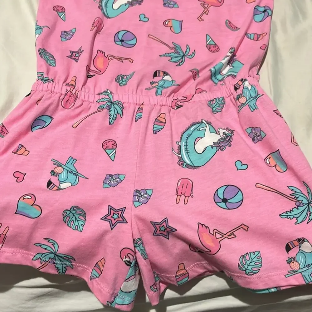 Childrens place M 7/8 pink shorts romper unicorn in a floatie flamingo pops nwot